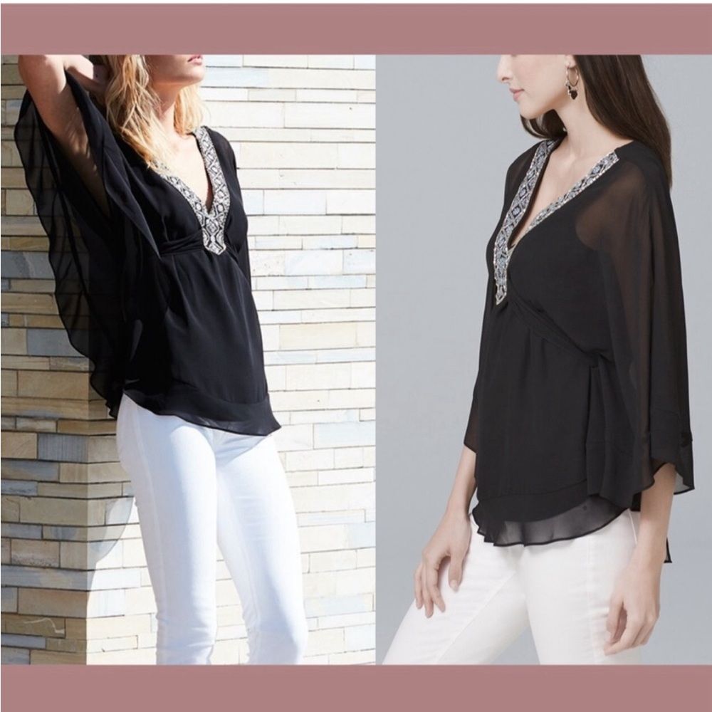 White House Black Market Embellished-Trim Kimono Blouse Boho  Medium - Picture 2 of 9